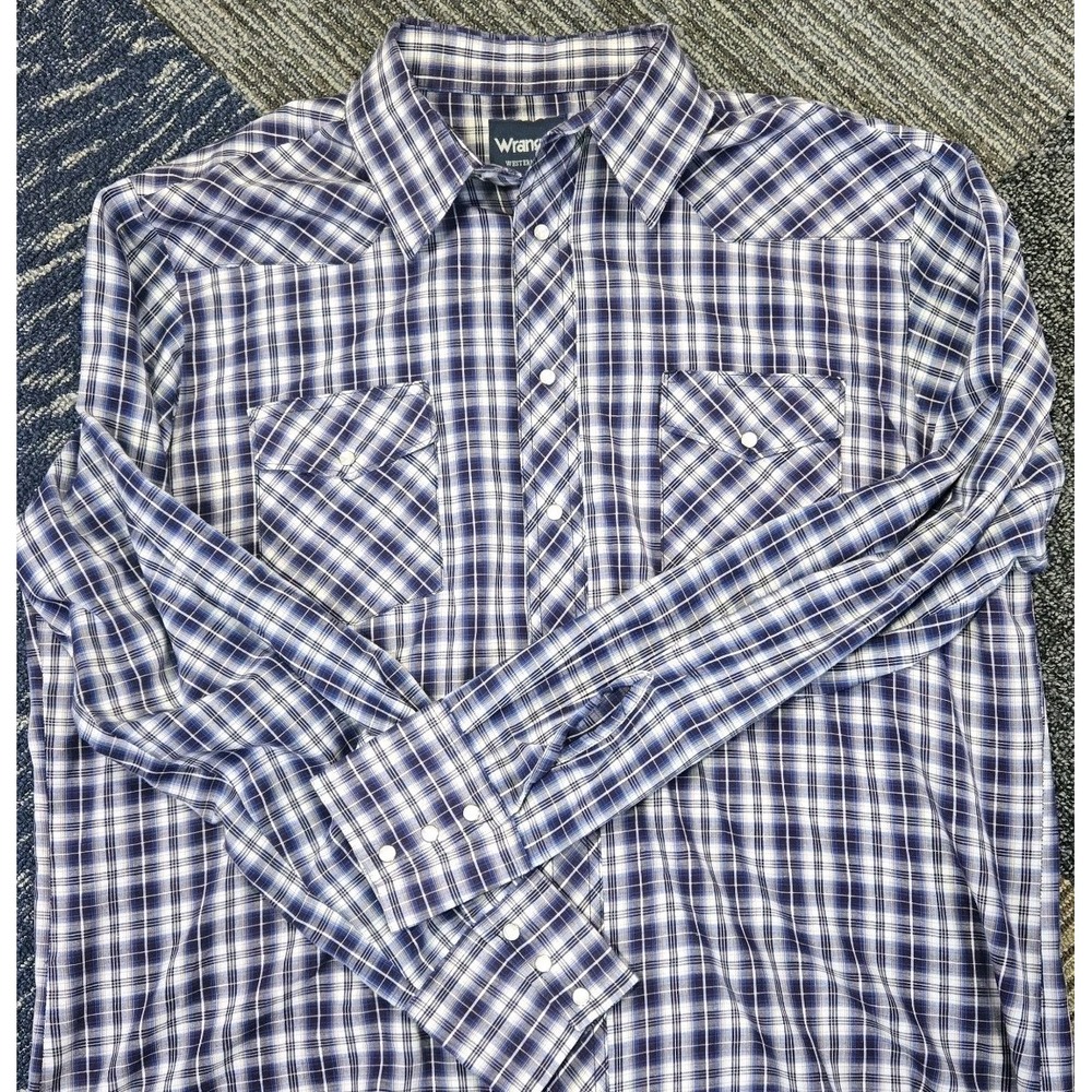Wrangler Western Shirt Men's XL Dark Blue/Royal Blue Plaid Pearl Snap Cowboy
